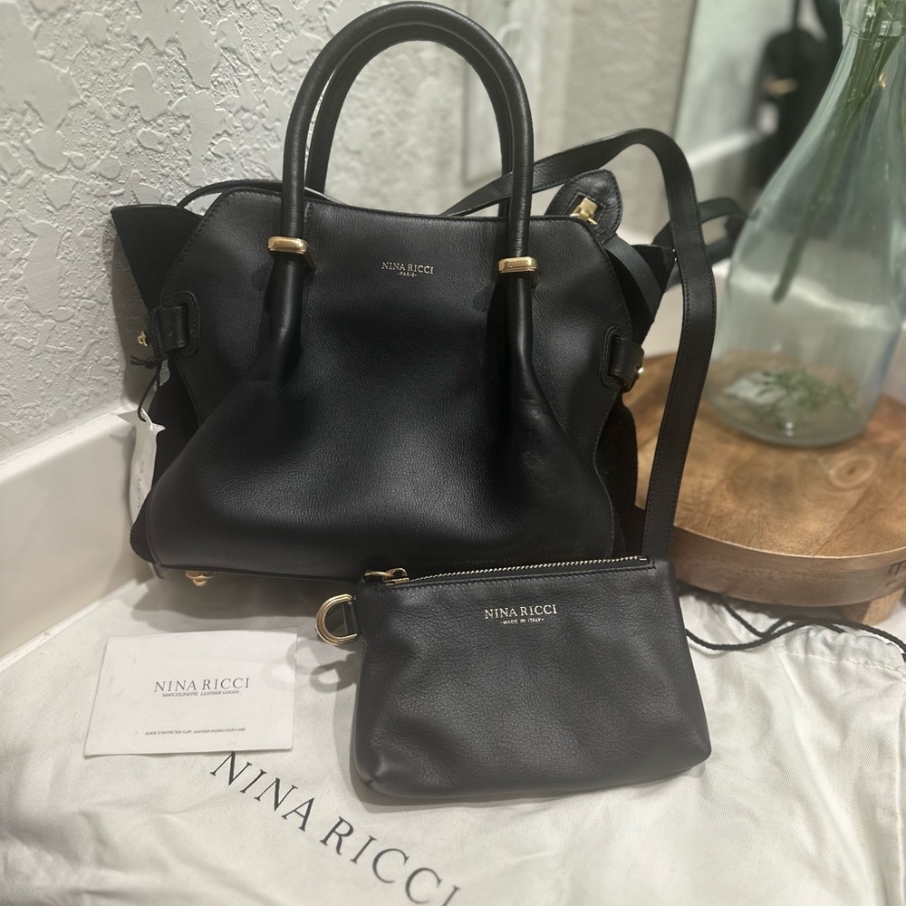 Nina Ricci Marche Small Handbag Shoulder Bag 2Way Pouch Leather Suede Black /Yt